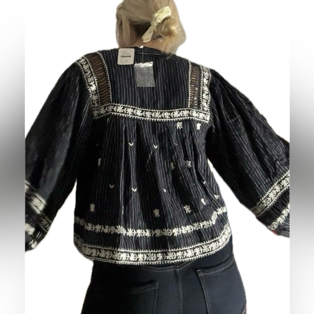 Free People All Roads Lead to You Embroidered Boho Top Navy Size S NWT